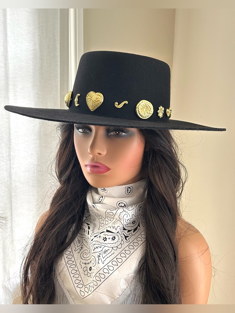Free People x Lack of Color Black & Gold Cosmic Wool Boater Hat NWT Size Medium